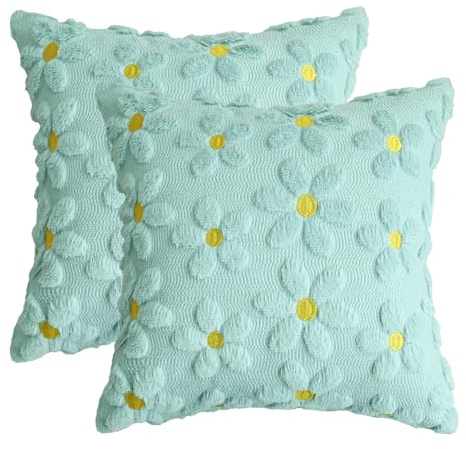 Artoid Mode Blau Gänseblümchen Künstliche Pelz Jacquard Kissenbezüge 2er Set, 45x45 cm Frühling Plüsch Samt Sofakissen Zierkissenbezug Deko