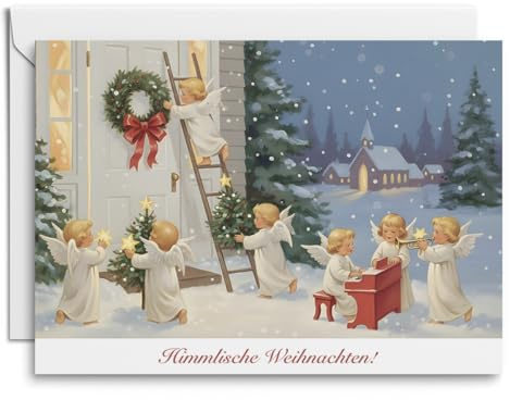 Kartenkaufrausch Himmlische Weihnachten! – 4er-Set nostalgische Weihnachtskarten mit Engelchor, winterlicher Landschaft & festlicher Musik