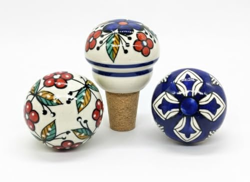 Handpainted Ceramic Bottle Stopper with Natural Cork | Assorted Designs | Eco-Friendly Gift for Wine Lovers, Stocking Filler, Handmade in India