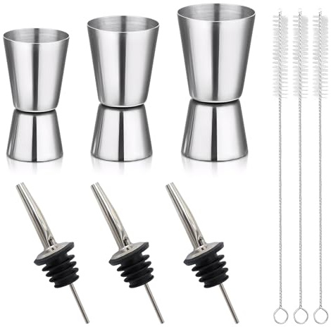 3 Stück Cocktail Messbecher, 3cl/4cl/5cl Klein Dual Jigger, Edelstahl Cocktail Zubehör Barmaß mit 3 Flaschenausgießern & 3 Pinseln, Doppelmaß Messbecher Barmaß für Bar Party