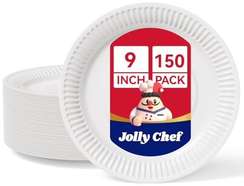 JOLLY CHEF 150 Pack 9 Inch Disposable Paper Plates Heavy Duty White | Eco-Friendly Disposable Tableware, Leak-Resistant Plates for Desserts, Appetisers, Cakes, Snacks & Catering Events