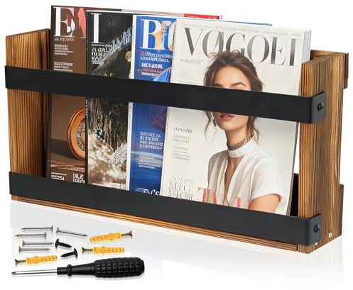 Dojomadf Wood Magazine Rack Wall Mounted & Wall Magazine Rack, Pine Wood + Black Metal Wall Magazine Holder for Magazines, Books – Mountable or Freestanding Organizer