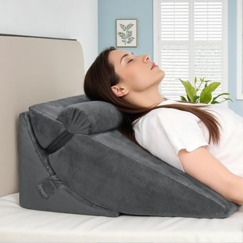 Orthopedic Bed Wedge Pillow, 3PCS Triangle Wedge Pillows Set with Headrest for Leg Elevation, After Surgery, Acid Reflux, Back Support, Adjustable Incline Cushion with Washable Cover (Plush Gray)