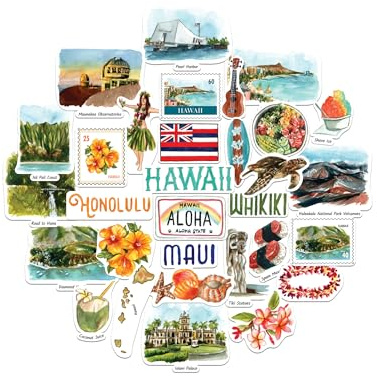 Navy Peony Hawaii Sticker-Set – großformatig, handillustrierte Aquarell-Motive, glänzend & wasserfest – für Koffer, Laptop & Wasserflasche (31-teilig)