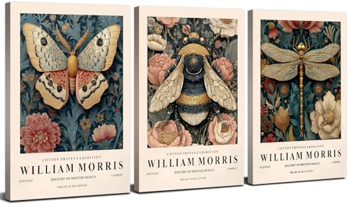 3Pcs William Morris Leinwandbilder für Schlafzimmer, Badezimmer, Büro, Vintage-Insektenmotive Libelle/Biene/Schmetterling Kunstdrucke Poster für Wohnzimmer und Küche, Aesthetic Room Decor ,30 x 40 cm