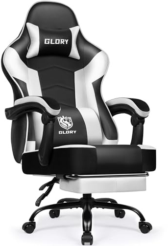 minnouat Gaming Stuhl Ergonomischer mit Fußstütze, Gaming Chair Bürostuhl 150 kg Belastbarkeit, Gamer Stuhl aus Kunstleder, Höhenverstellbarer PC Zockerstuhl für Jugendliche Erwachsene, Weiß