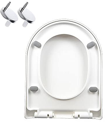 Asiento de inodoro con cierre suave, forma de D, de plástico blanco, con sistema de liberación rápida, bisagras ajustables y fácil de limpiar.