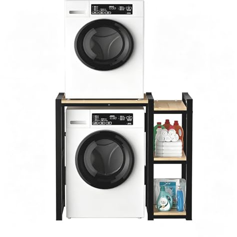 Mueble Lavadora y Secadora con Estantes Laterales, Estantería Superior Ajustable 3 Niveles, Soporte Robusto 4CM Acero para Apartamento, Baño y Lavandería(Black)