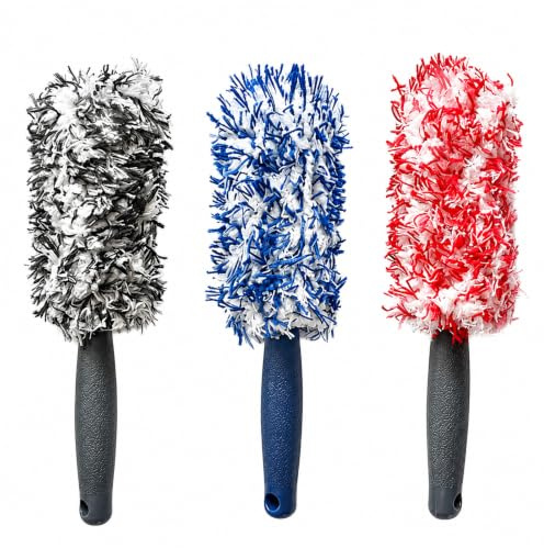 Wheel Brush, Car Wheel Brush, Three Premium Plush Brushes for Deep Wheel Rim Cleaning, Brake Dust Removal from Tight Gaps, Gentle Surface, Set Includes Black White, Blue White and Red White Variants