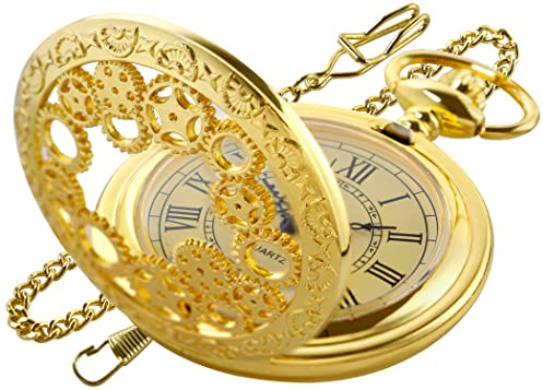 Realpoo Gold Gear Hollow Pattern Pocket Watch White Roman Numeral Scale Quartz Pocket Watches for Men with Chain