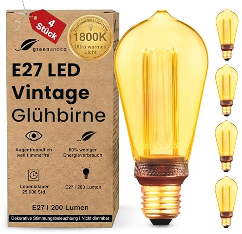 greenandco 4x Vintage Design LED Birne zur Stimmungsbeleuchtung | E27 ST64 | gold | 4W 200lm | 1800K extra warmweiß | 320° | 230V | flimmerfrei | nicht dimmbar | Edison Glühbirne