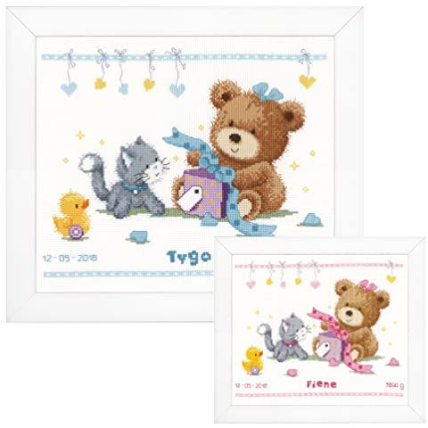 VERVACO Kit Punto Croce Contato ORSO E PRESENTE Annuncio Nascita Punto Croce ca. 29 x 23 cm Regalo Personalizzato Set Fai Da Te Attività Creative Adulti Benvenuto Bambino Cross Stitch