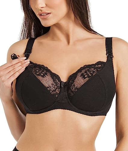Teyli Reggiseno Allattamento Donna con Ferretto Spalline Regolabili - Reggiseni maternità Cotone Finiture in Pizzo - Reggiseni maternità Nero 5H