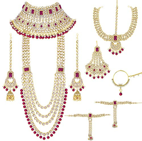 Aheli Ethnic Indian Traditional Bollywood Fashion Kundan Bridal Jewelry Set with Choker Earrings Maang Tikka Hathphool Gift for Women Rani Pink