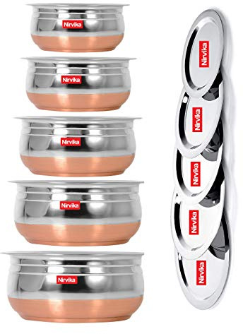 Nirvika Stainless Steel Handi Set Copper Bottom Handi With Lid Kitchen Serving,Cooking Bowl |Cookware Set/Urli Set 5-Pieces | Patila Bhagona, 1500 Milliliter - 1500 Ml, Multicolor