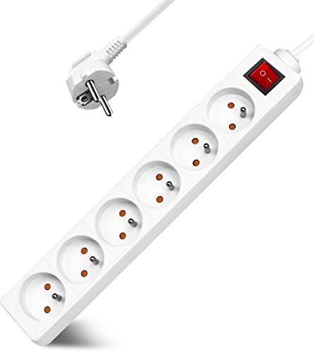 Multiprise 6 Prises 16A 2P + T avec Interrupteur, Extrastar Bloc 6 Prises, Rallonge 3M 230 V avec sécurité Enfant, Blanc