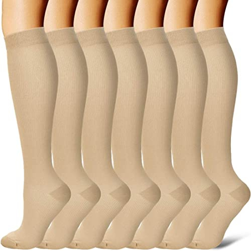 Kompressionssocken für Männer und Frauen, 7 Paar, Zirkulation 15–20 mmHg – beste Unterstützung für Sport, Krankenschwester, Medizin, Laufen (Beige, S-M)