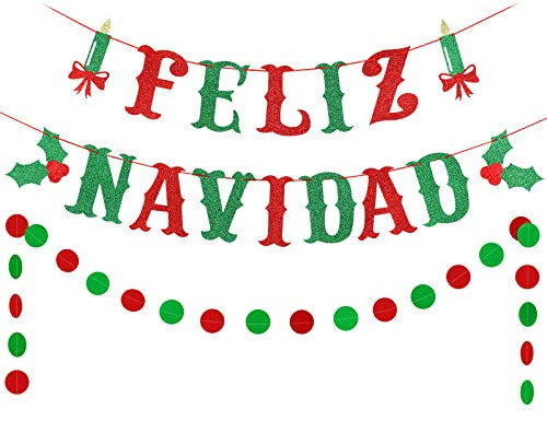 Cartel de Navidad con purpurina roja y verde para Feliz Navidad, decoración de Navidad española, decoración de Navidad española, decoración de Navidad
