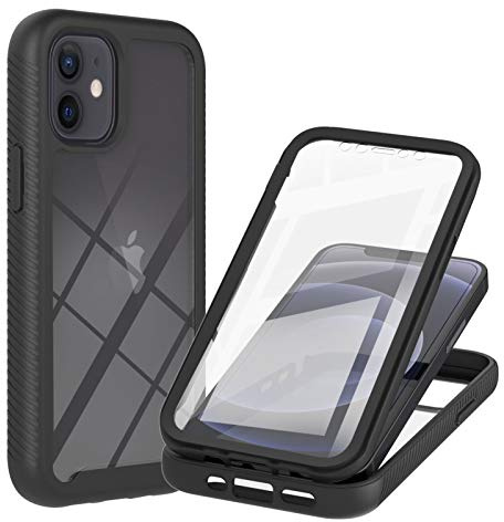 Sawiqpd for iPhone 12 Mini Case and Screen Protector, Black | 360 Degree Protection, Military Heavy Duty Protection, Hybrid PC & TPU, Shockproof Full Body Bumper, Clear Slim Phone Cover