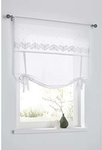 Kutti Raffgardine Jolie mit Bindeschlaufen, lichtdurchlässig, Landhausstil, romantische Stickerei Größe Breite 120 cm x Höhe 100 cm