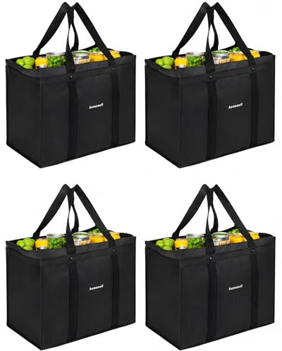 Homemell Heavy Duty Reusable Grocery Bags, Large Collapsible Tote Bag Holds 100 LBS, Extra-Strength Premium Material (Black, 4-Pack)