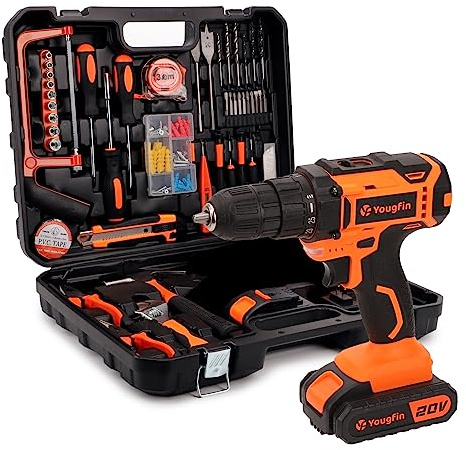 Yougfin Drill Sets Power Tool Combo Kit with 2 Batteries & Charger, 20V Battery Powered Cordless Drill Set with 114pcs Hand Tools, Tool Box with Electric Drill for Home