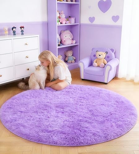 VOFUSHON Alfombra Redonda 120 CM Púrpura Tapete Quarto Pelo Largo Carpet Lavable Antideslizante para Dormitorio