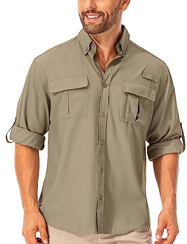 mosingle Men's Long Sleeve Hiking Shirt, Sun UV Protection Safari Fishing Outdoor Shirt Quick Drying Lightweight Walking Travel Shirts #5053-Khaki-L