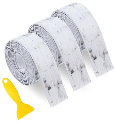 3 Rolls Bath Sealant Strips, Caulk Strip Self Adhesive Tape Waterproof Bathroom Stick Sealant Simple Seal Tape with Sealing Tool for Bathroom, Bathtub, Toilet, Kitchen, Wall Floor(Marble)