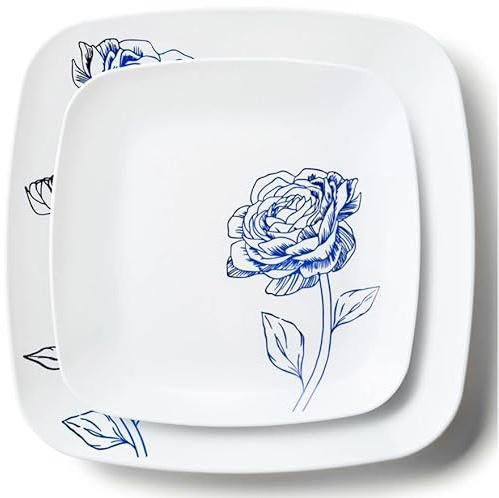 Decorline 32 Assiettes Carré Élégantes en Plastique Solide Dur Réutilisables | Motif Blanches et Fleurs Bordeaux | 2 tailles - assiette plate 25cm & dessert 18cm, 16 pièces chacune | Blanc/Bleu
