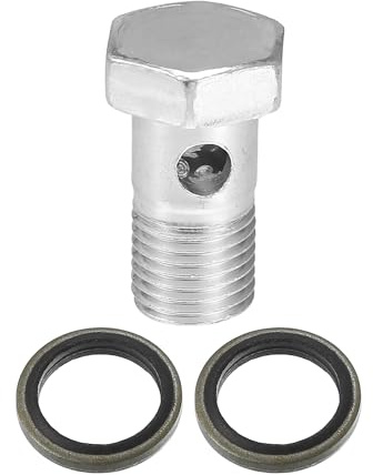 A ABSOPRO Bremsleitung Adapter Silber 1 Stück Für Hydraulikbremsen | Material Kohlenstoffstahl, Größe 32x21mm, Gewinde M14x1.5, Unterlegscheiben 19.5x14.5mm, 2x Kupferunterlegscheiben