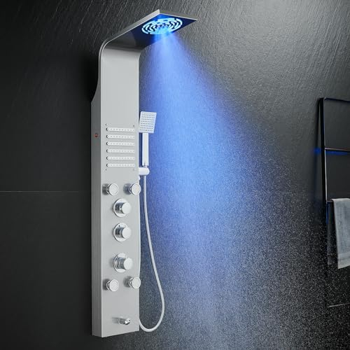 KINKIBOS Pannello doccia a LED con termostato, 6 funzioni, pannello doccia con doccia a pioggia, doccia a LED, nebbia, ugelli massaggianti, doccetta e vasca da bagno, colonna doccia in acciaio inox
