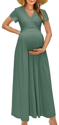 OUGES Maternity Maxi Dress Wrap Baby Shower Pregnancy Dresses for Photoshoot Maternity Outfits Summer Clothes 2026(Gray Green,M)