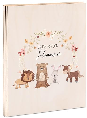 wunderwunsch® - Personalisierte Zeugnismappe aus Holz mit hochwertigem Spezial-Druck - Einschulung Geschenk - Zeugnismappe Jungen & Zeugnismappe Mädchen (Tiere Blumenkreis)