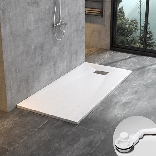WITEN&NOCK SMC Duschwanne 160x80cm weiß Höhe 3,2cm inkl. Ø90mm Siphon | SMC Duschtasse extra flache Steinoptik Antirutsch inkl. Edelstahl Abdeckung, zuschneidbar
