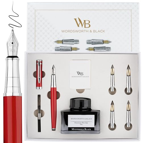 Wordsworth & Black Füllfederhalter-Geschenkset Premium, 6 Federn, Rotchrom | Füllfederhalter, Tintenfass + 6 Tintenpatronen, Konverter, Journaling, Geschenk für Männer & Frauen, Hochwertig