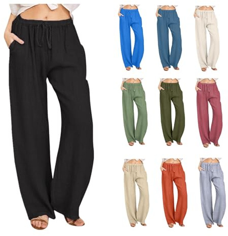 Womens Cotton Linen Trousers, 2024 Summer Beach Trousers with Drawstring Elasticated Waist Solid Wide Leg Loose Fit Straight Leg Trousers with Pockets