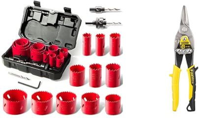 Scie Cloche Bi-métal, HYCHIKA 17 PCS Coffret de Scie Trépan avec 11PCS Lames de Scie 20-68 mm & Stanley FATMAX Cisaille Aviation Tête Droite Acier Forgé Chromé Double Action de Pivot