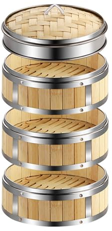 AIZYR 3 Tier Chinese Steamer Bamboo Steamer with Lid Bamboo Steamer Basket Reusable for Cooking Rice, Dim Sum, Fish, Meat,8 inch