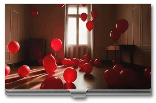 Visitenkartenetui für Männer und Frauen, rote Luftballons im Zimmer, Tasche, Visitenkartenetui, Metall, Visitenkartenetui, Namenskartenhalter, Schnalle, Stil, Aluminium, Stil, Einheitsgröße, Stil:,