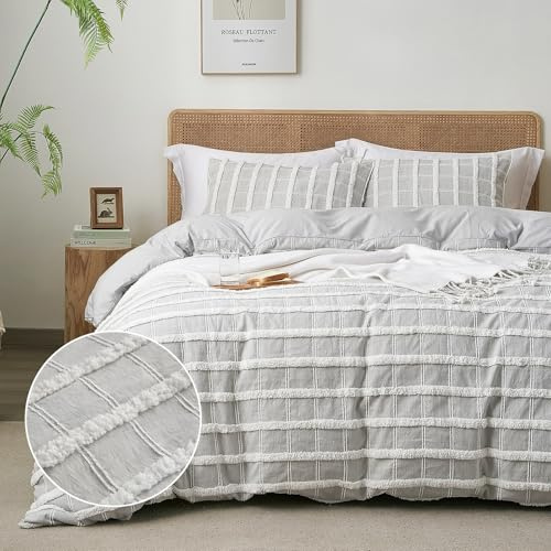 Ranunculus Tufted Stripes King Duvet Cover Set, Fluffy Washed Microfiber Grey Duvet Cover King Size with Button Closure & 2 Pillow Shams for All Seasons, Comforter Not Included (Grey Check,104x90)