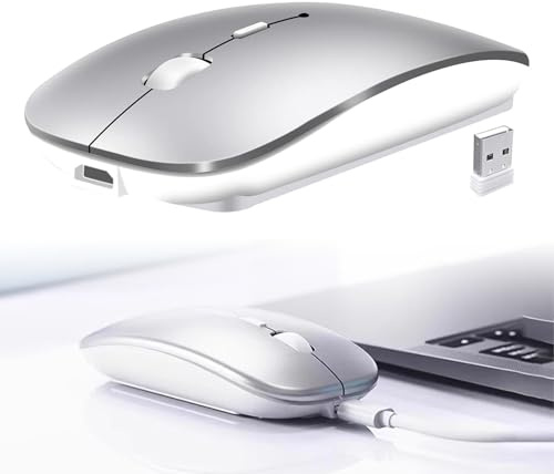 Ratón Bluetooth inalámbrico, recargable y silencioso, compatible con MacBook Pro/Air/Mac/iPad/Laptop/Desktop/Mac/PC, mini ratón inalámbrico con cable de carga Android 2.4G, color plateado