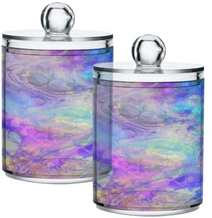 Ewusp Iridescent Qtip Holder 2 PCS Clear Plastic Apothecary Jars with Lid Cotton Pad Holder Dispenser Cotton Bud Holder Bathroom Storage Container Makeup Organizer