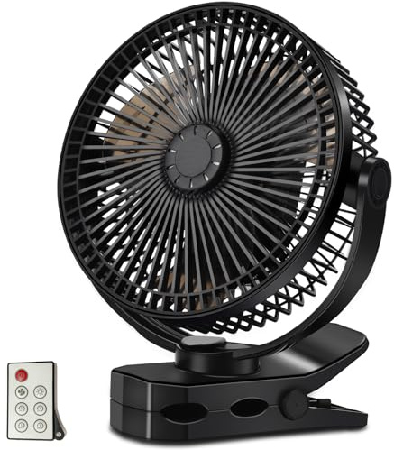 Ventilador con clip, batería de 12000 mAh y control remoto, recargable por USB, aromaterapia, luz LED, 4 velocidades y temporizador para usar en la oficina, camping, viajes o en tiendas de campaña