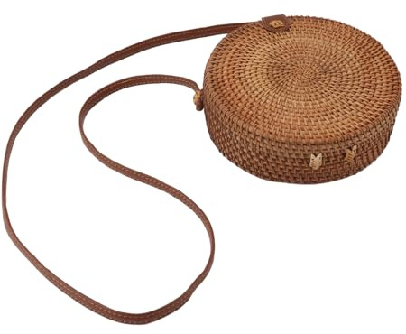 Ratt Rottingväska för Kvinnor, Handvävd Rottingväska, Korgväska Tropisk Strandstil Handgjorda Crossbody Väska Axelväska med 20 Cm Diameter Läderband (Vanligt färgskinnspänne med