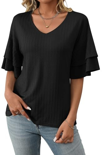 ASKSA Kvinnors avslappnade V-ringade toppar trendiga kortärmade t-shirts volang ärm volang blusar enfärgade sommartoppar, Svart, M