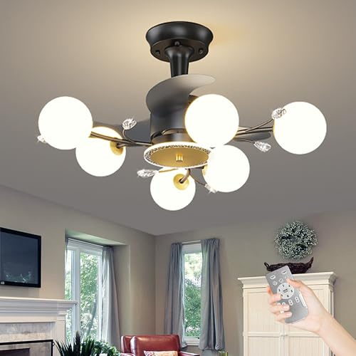 Black Ceiling Fan with lights and Remote: Modern Sputnik Chandelier with Fan - Low Profile Ceiling Fan with 6-Light for Living Room Bedroom - Crystal Fandelier with Glass Globe shade 3 Color Light