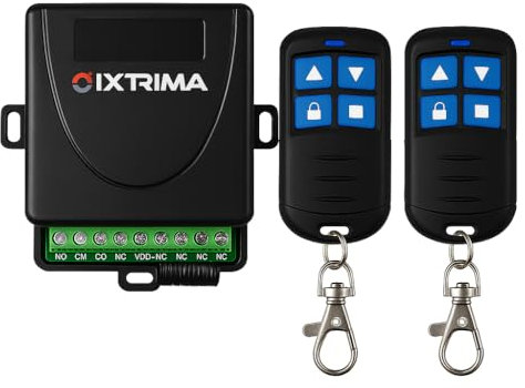 Kit de Radio Universal 12-30 V AC/DC con 2 mandos a Distancia para automatización de Puertas, Cortinas, Luces, Control inalámbrico 433,92 MHz, Receptor de 2 Canales 12-30 V AC/DC (Kit de Interior)