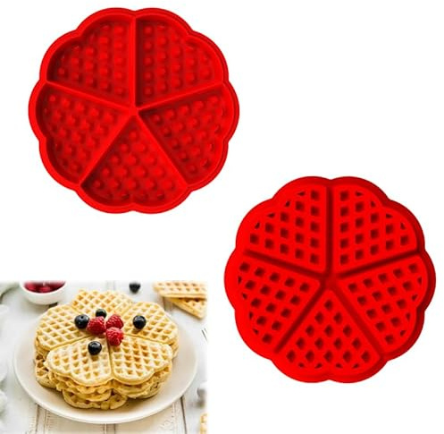 Azlanway Silikon Waffelform Herzform 2er Set, Flexible Antihaft Backform mit 5 Mulden, Hitzebeständig -60 bis 240°C, Spülmaschinenfest, Für Waffeln, Muffins, Schokolade & DIY Backen, Rot
