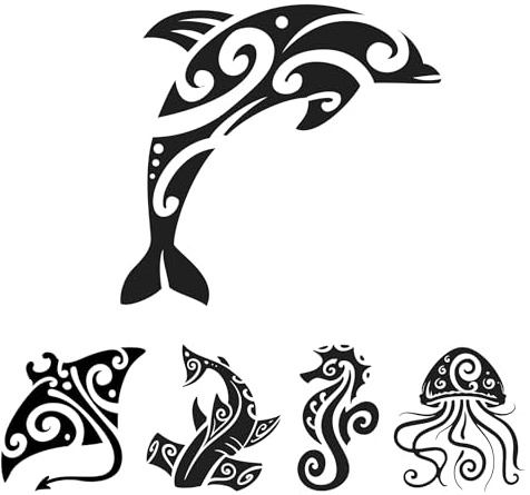 x5 Petits Tatouages Éphémères Maori - Dauphin, Raie, Requin marteau, Hippocampe, Méduse - Polynésien | Semi permanent | Dure jusqu'à 10 jours | Waterproof | Noir | Homme, femme - TATTOO YOUR STYLE